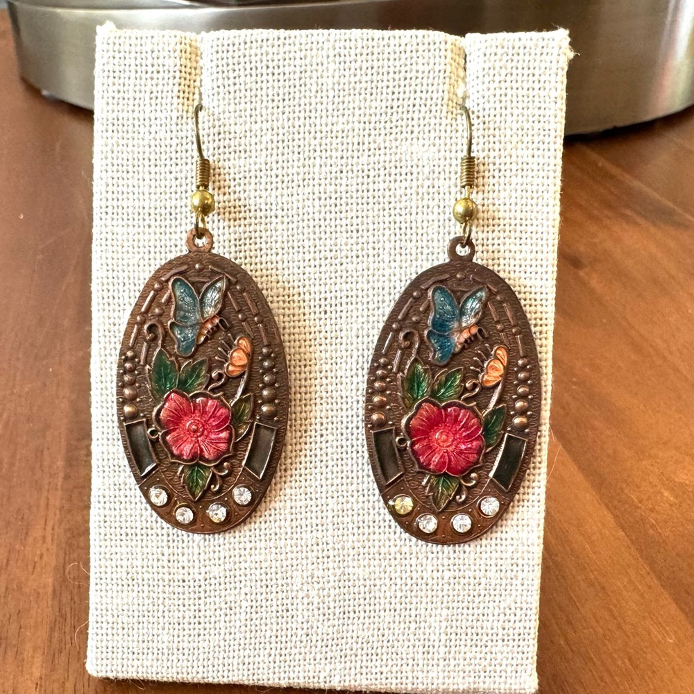 Vintage Floral Butterfly Enamel Earrings